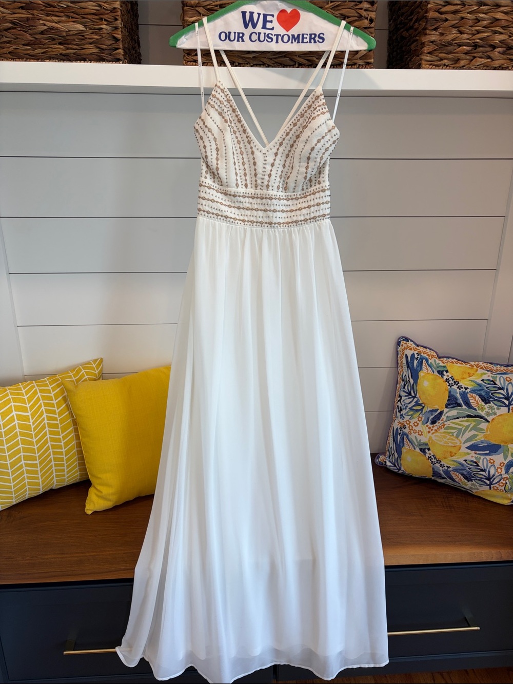 Lulu's White Beaded Strappy Tank Dress with Gold Embroidery